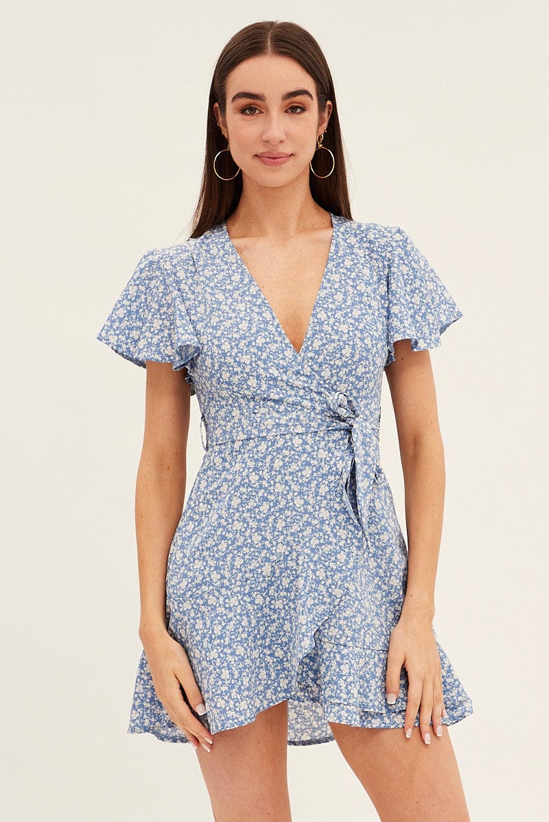 Blue Floral Wrap Dress Short Sleeve Mini Fit And Flare Ally Fashion