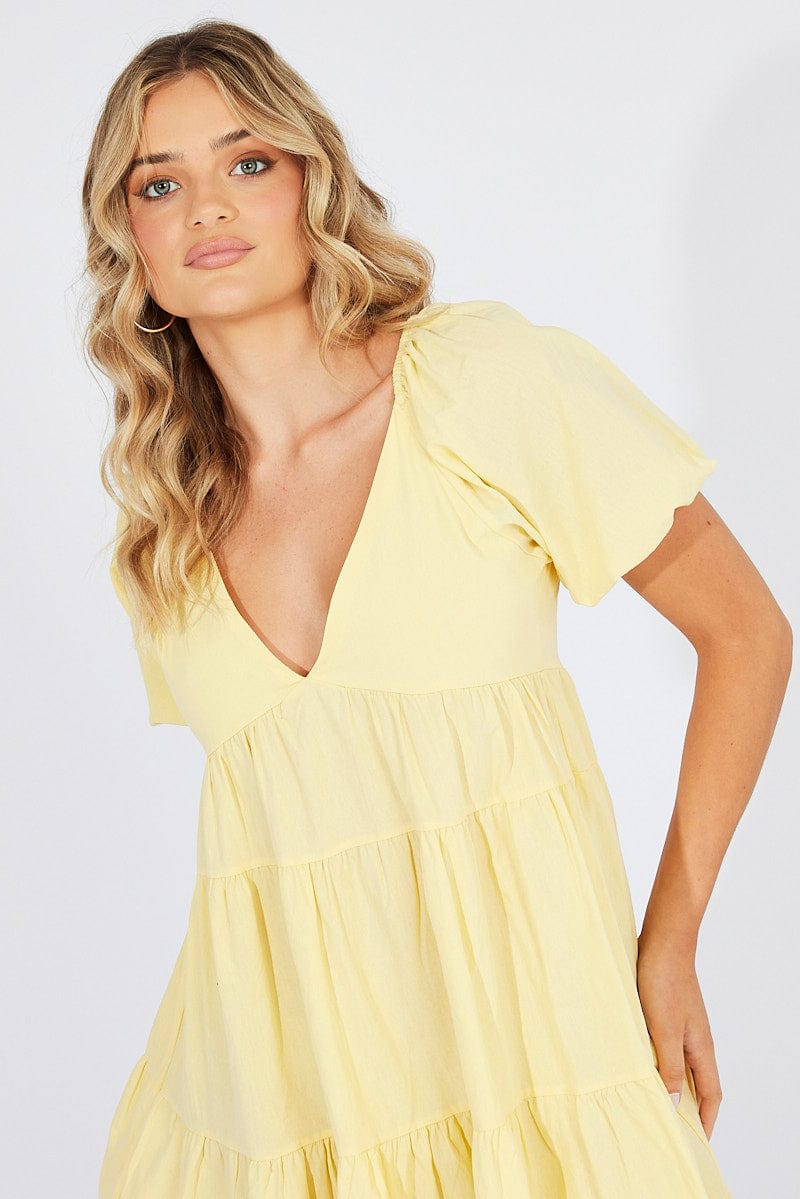 Yellow Mini Dress Puff Sleeve for Ally Fashion