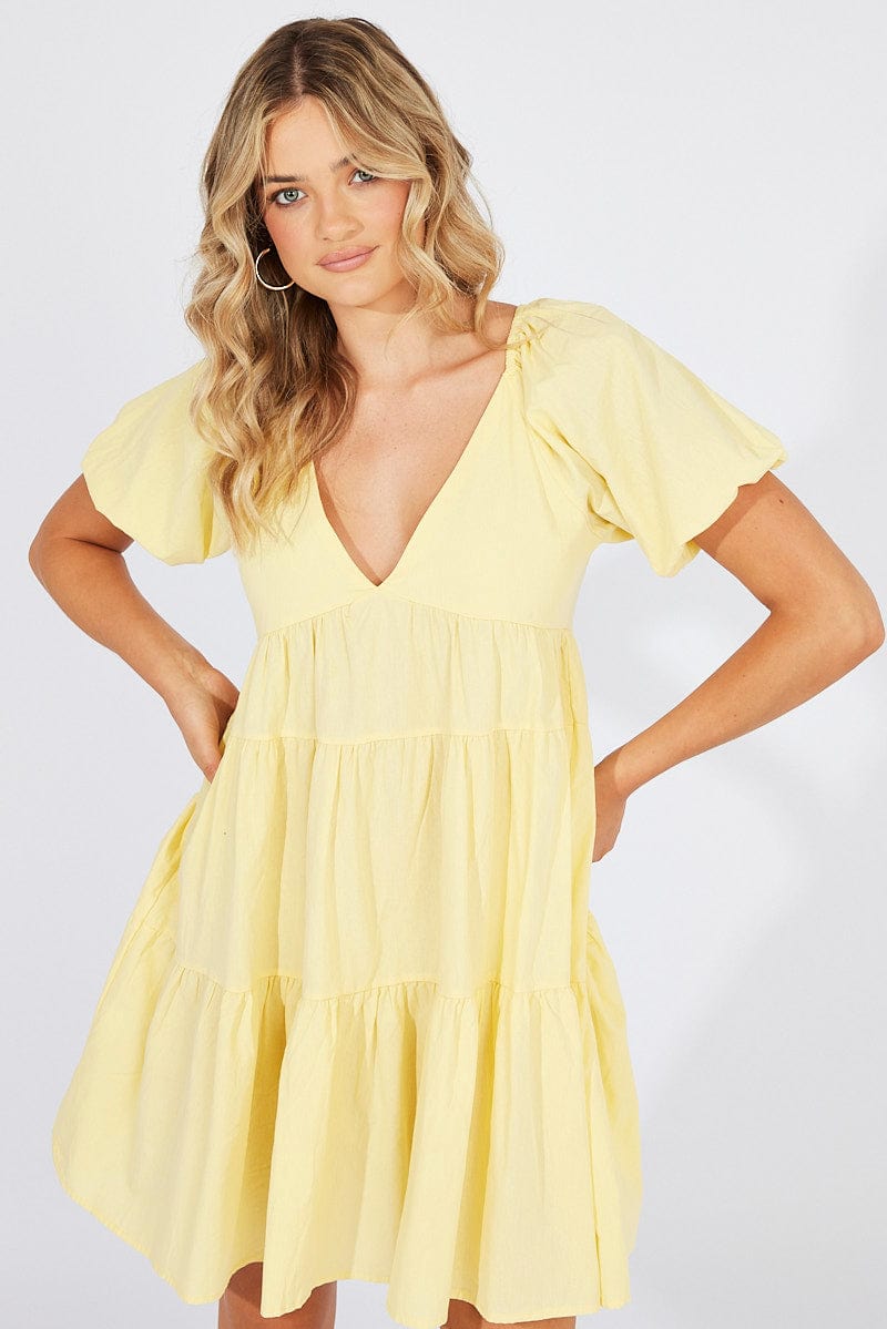 Yellow Mini Dress Puff Sleeve for Ally Fashion