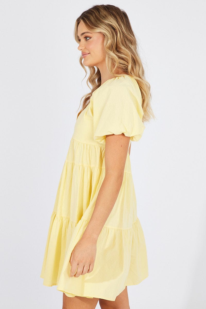 Yellow Mini Dress Puff Sleeve for Ally Fashion