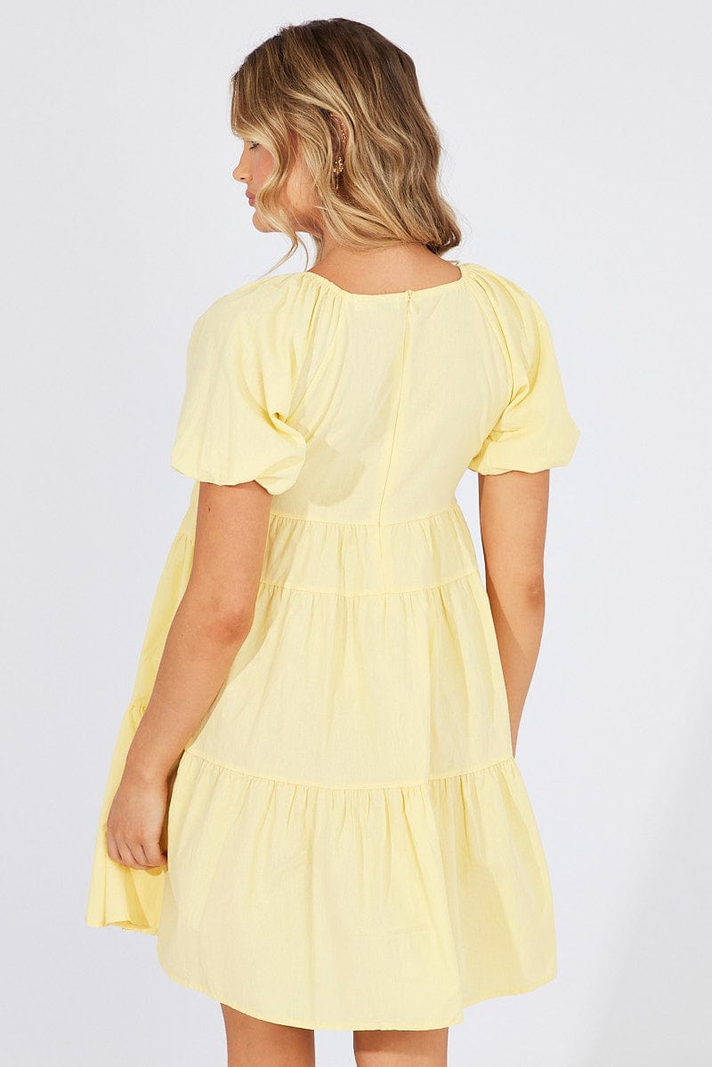 Yellow Mini Dress Puff Sleeve for Ally Fashion