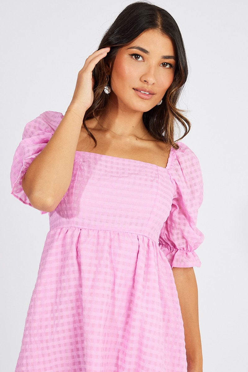 Pink Mini Dress Puff Sleeve for Ally Fashion