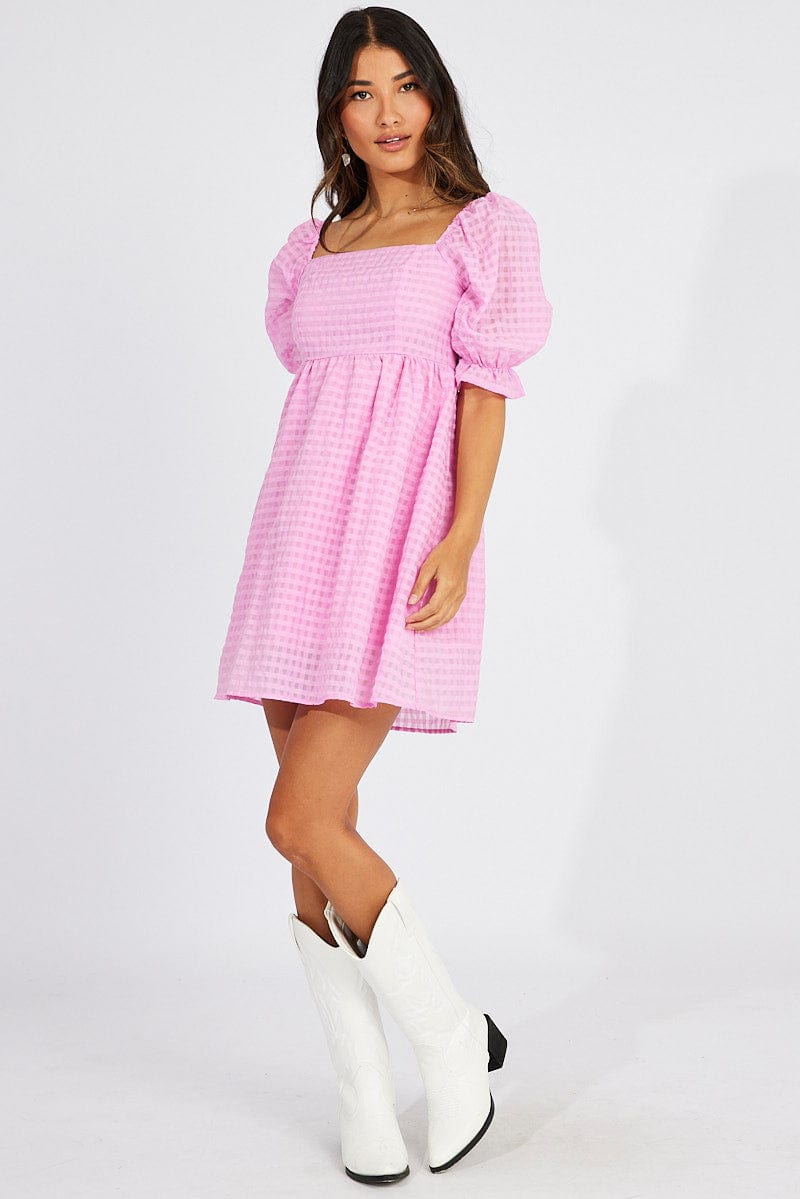 Pink Mini Dress Puff Sleeve for Ally Fashion