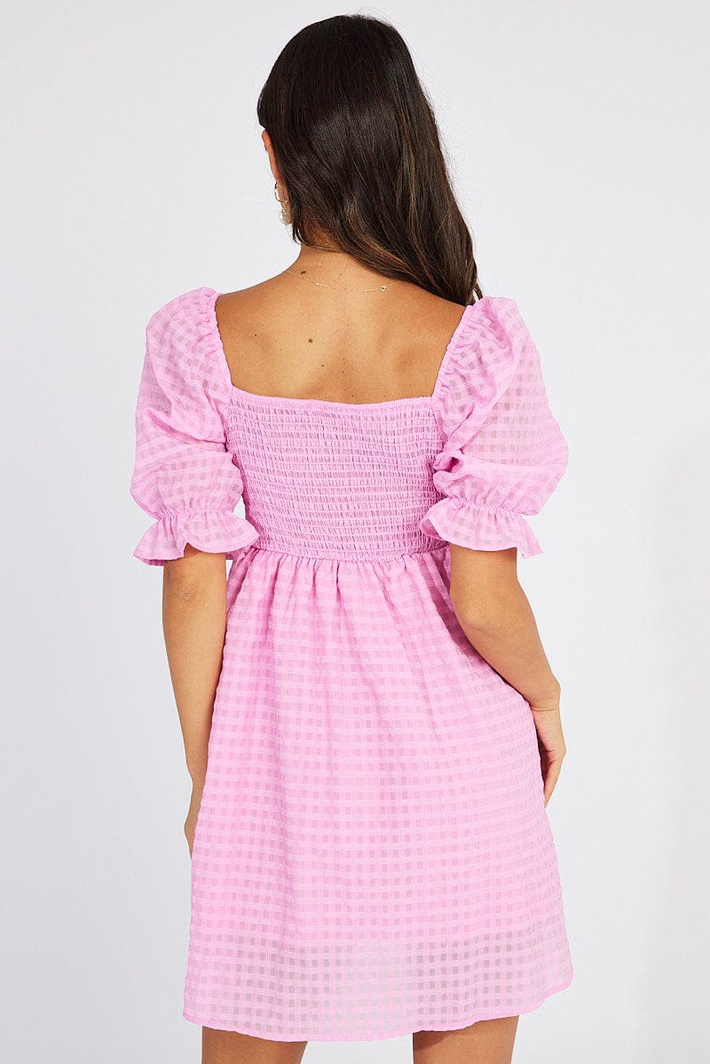 Pink Mini Dress Puff Sleeve for Ally Fashion