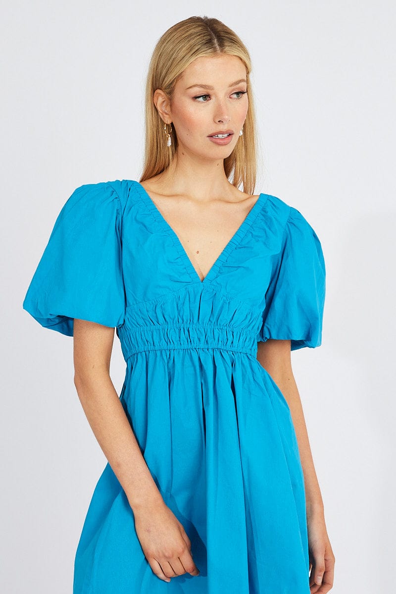 Blue Fit And Flare Dress V-Neck Mini for Ally Fashion