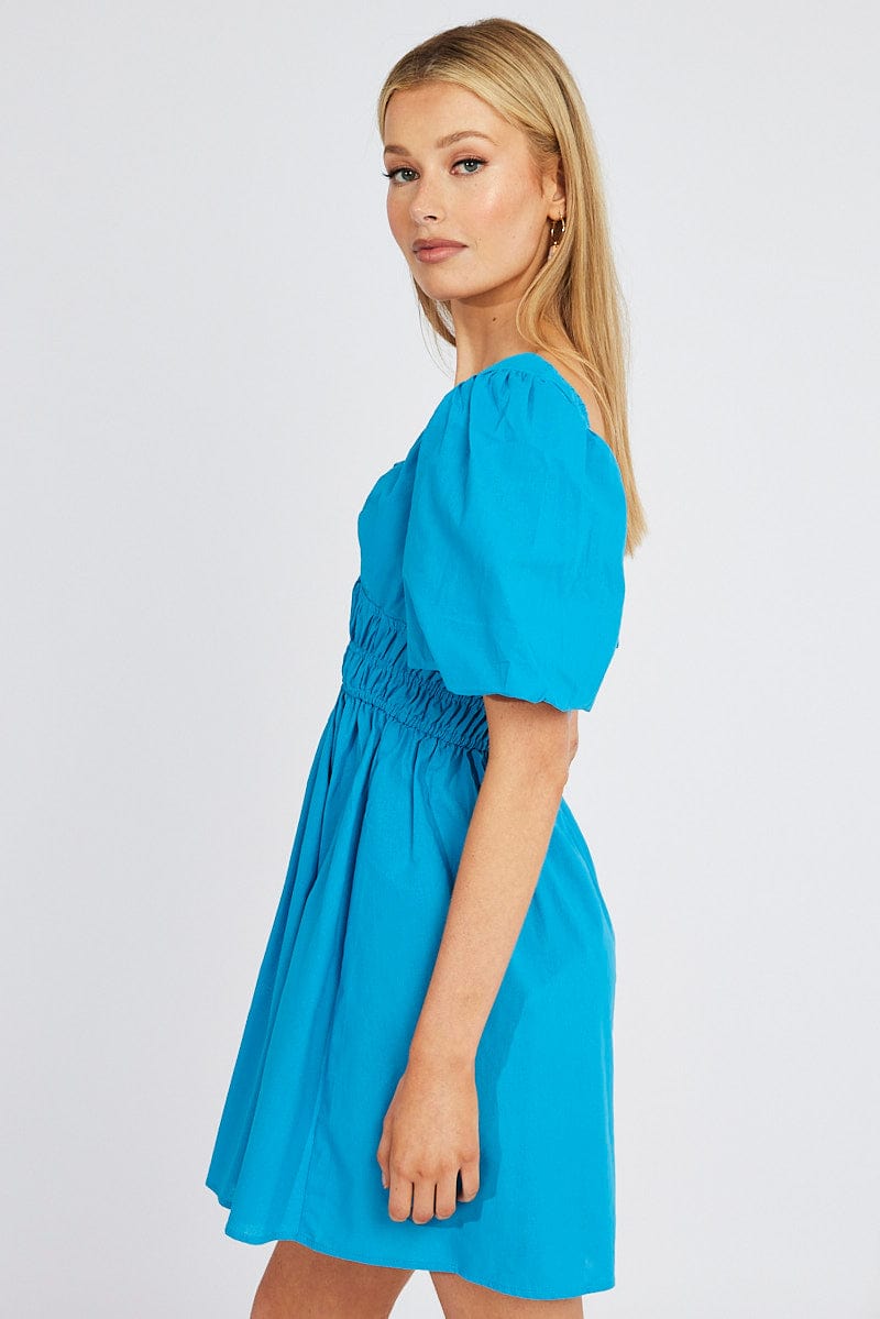 Blue Fit And Flare Dress V-Neck Mini for Ally Fashion