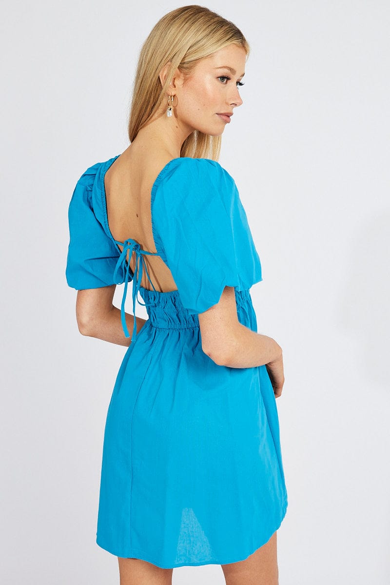 Blue Fit And Flare Dress V-Neck Mini for Ally Fashion