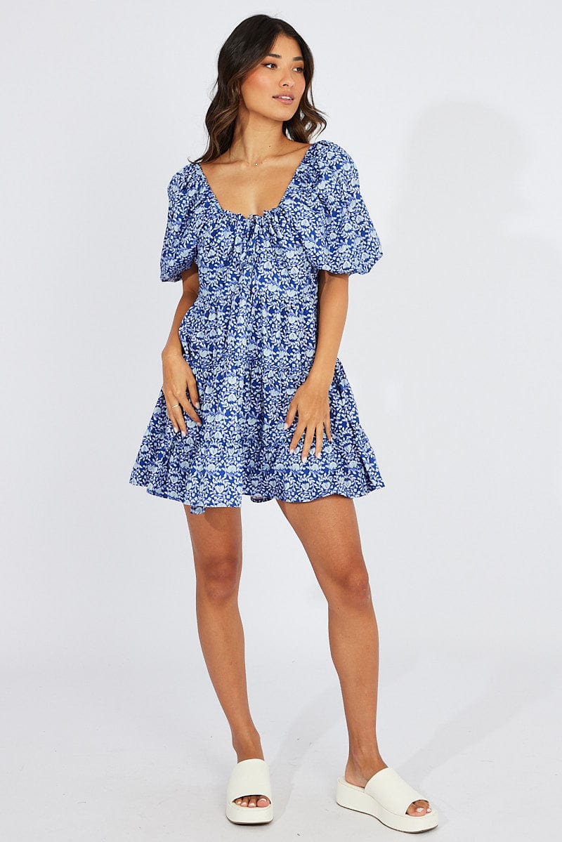 Blue Floral Fit And Flare Mini Dress Puff Sleeve for Ally Fashion