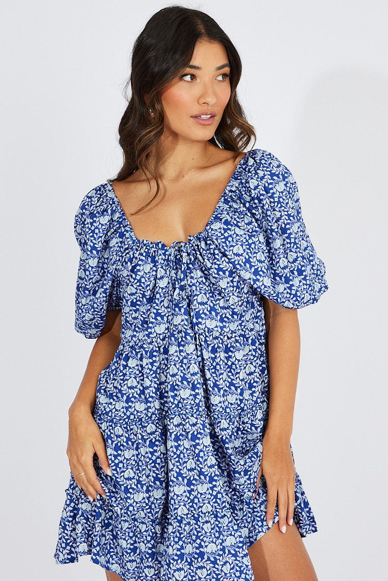 Blue Floral Fit And Flare Mini Dress Puff Sleeve for Ally Fashion