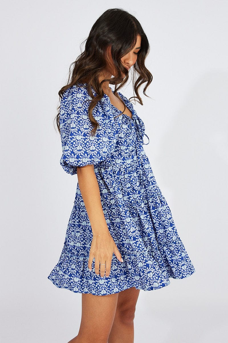 Blue Floral Fit And Flare Mini Dress Puff Sleeve for Ally Fashion