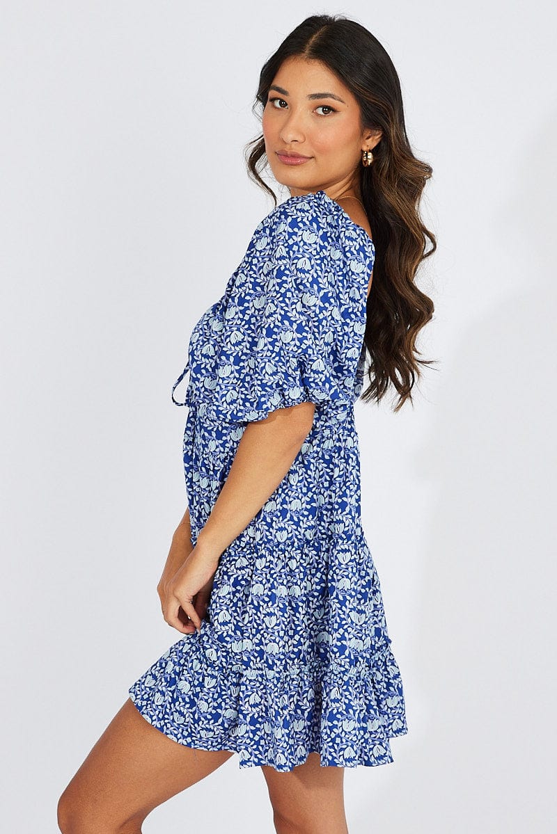 Blue Floral Fit And Flare Mini Dress Puff Sleeve for Ally Fashion