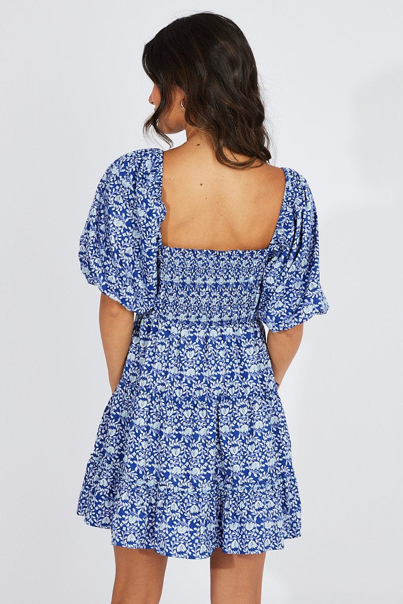 Blue Floral Fit And Flare Mini Dress Puff Sleeve for Ally Fashion