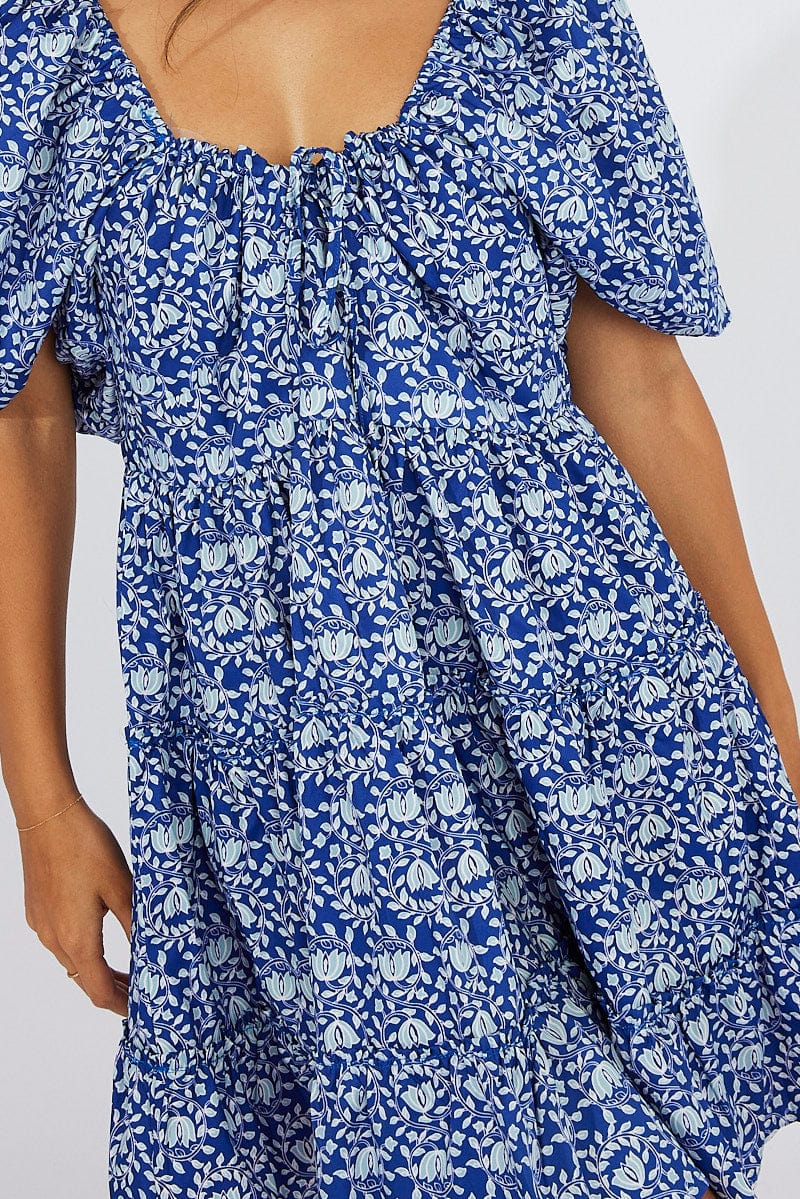 Blue Floral Fit And Flare Mini Dress Puff Sleeve for Ally Fashion