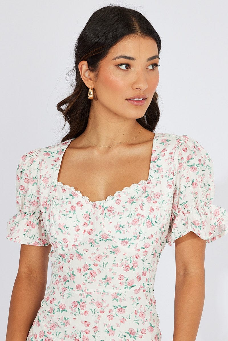 White Floral Midi Dress Puff Sleeve for Ally Fashion