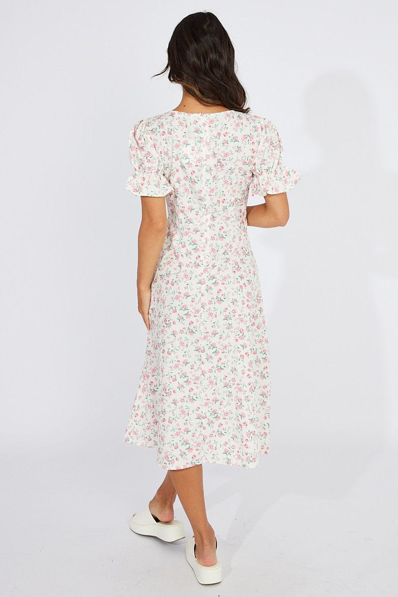 White Floral Midi Dress Puff Sleeve for Ally Fashion