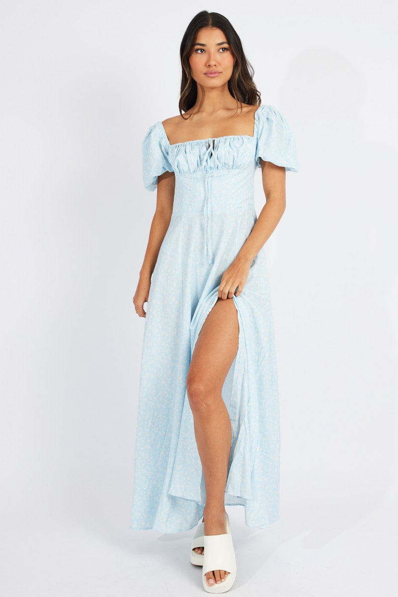 Blue Floral Ruched Bust Maxi Dress Short Sleeve for Ally Fashion