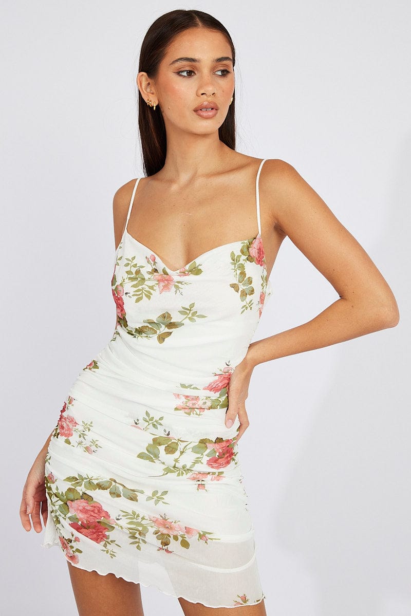 White Floral Bodycon Dress Ruffle Mesh for Ally Fashion