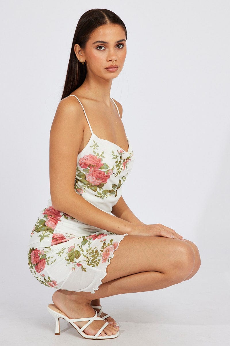 White Floral Bodycon Dress Ruffle Mesh for Ally Fashion