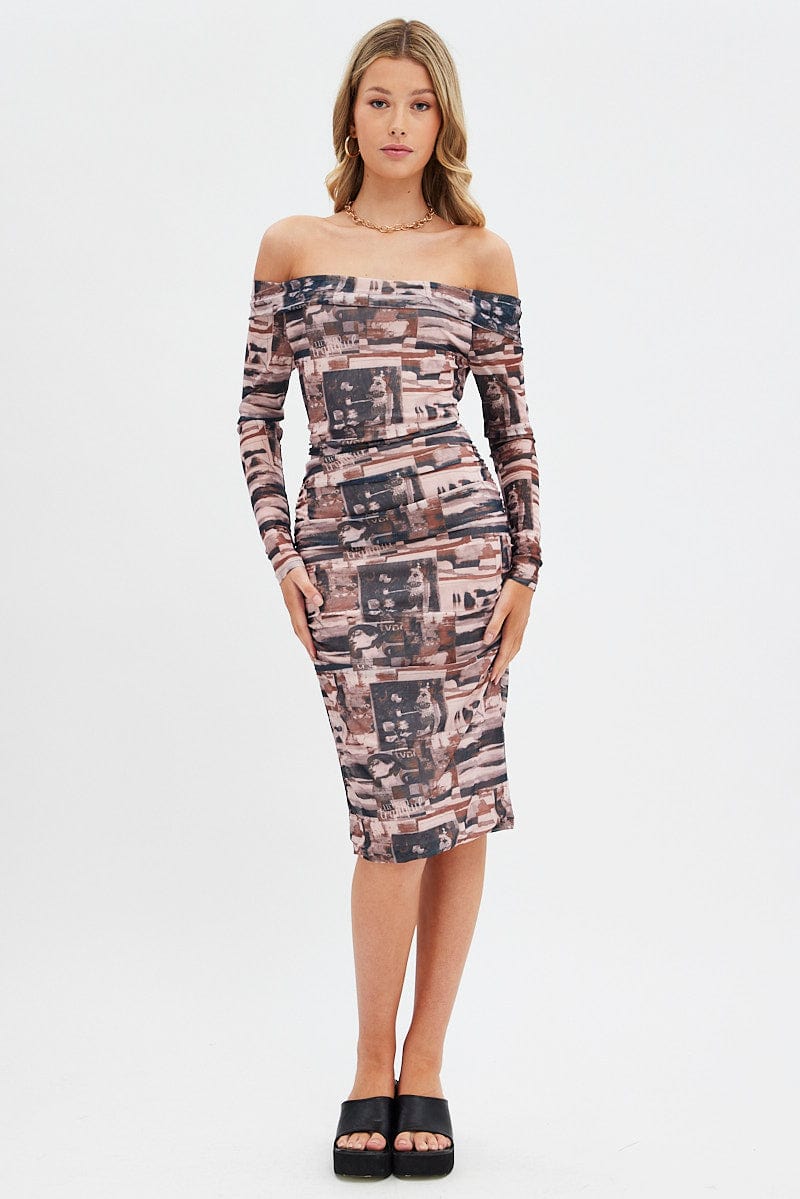 Brown Print Midi Dress Bardot Off Shoulder Bodycon Ruched for Ally Fashion