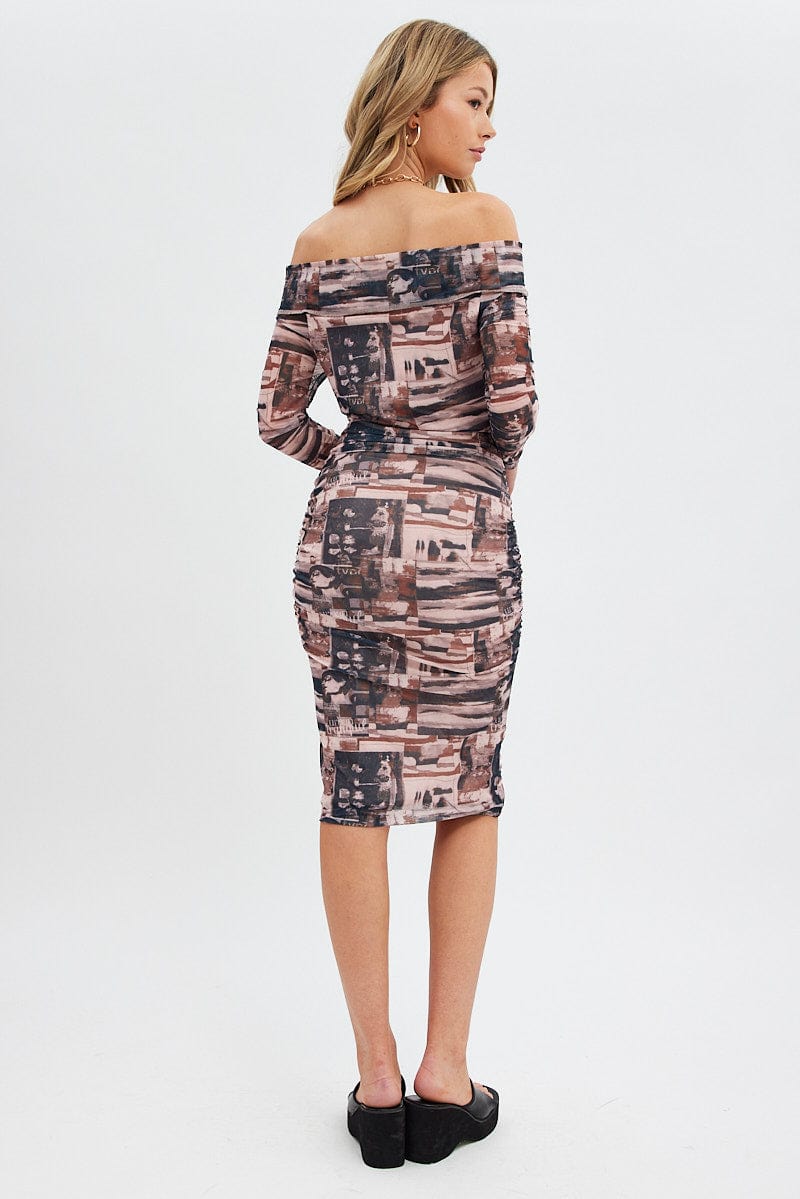 Brown Print Midi Dress Bardot Off Shoulder Bodycon Ruched for Ally Fashion