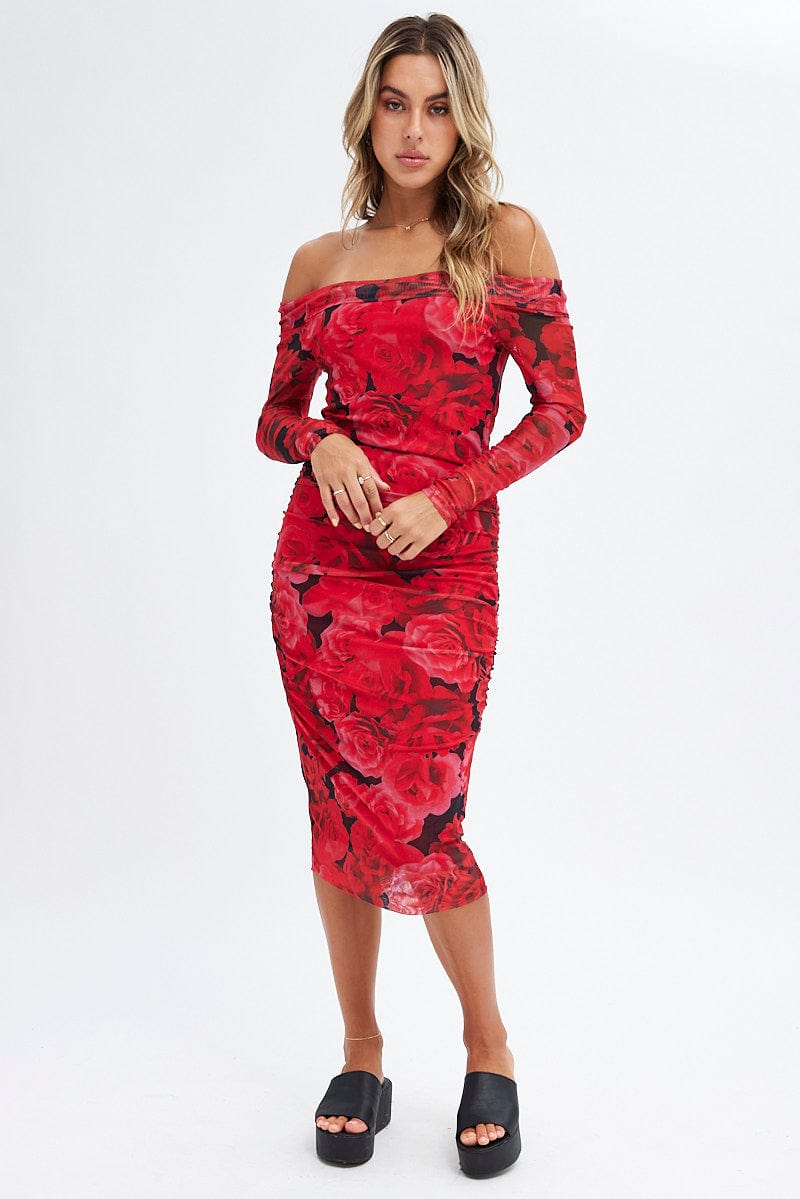 Red Floral Midi Dress Bardot Off Shoulder Bodycon Ruched Ally