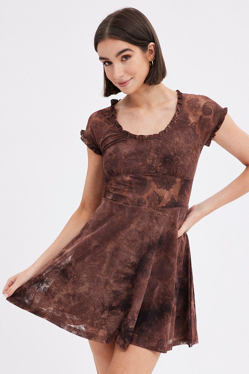 Brown Paisley Mini Dress Short Sleeve Scoop Neck Fit & Flare for Ally Fashion