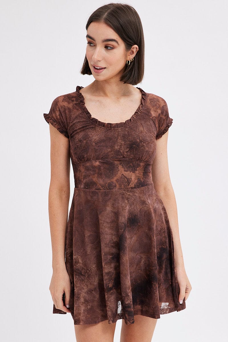 Brown Paisley Mini Dress Short Sleeve Scoop Neck Fit & Flare for Ally Fashion