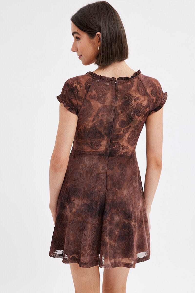 Brown Paisley Mini Dress Short Sleeve Scoop Neck Fit & Flare for Ally Fashion