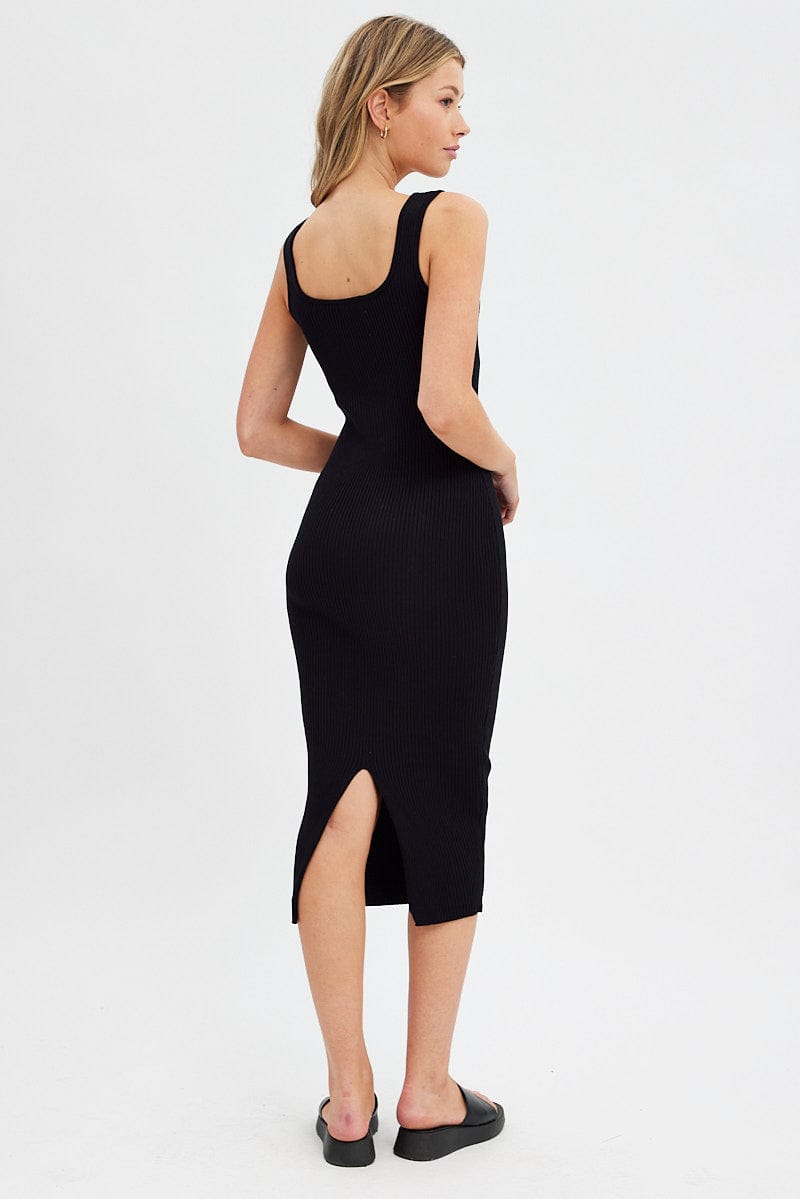 Black Knit Midi Dress Sleeveless Scoop Neck Bodycon Rib | Ally Fashion