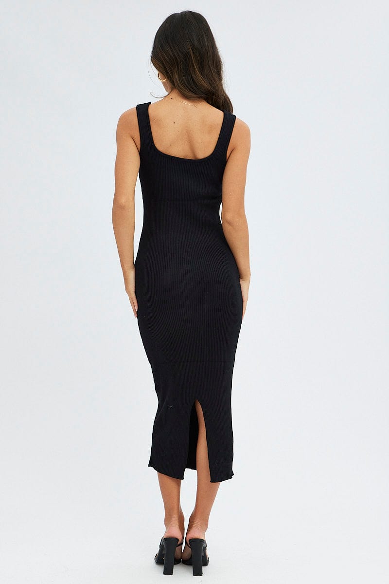 Black Knit Midi Dress Sleeveless Scoop Neck Bodycon Rib for Ally Fashion