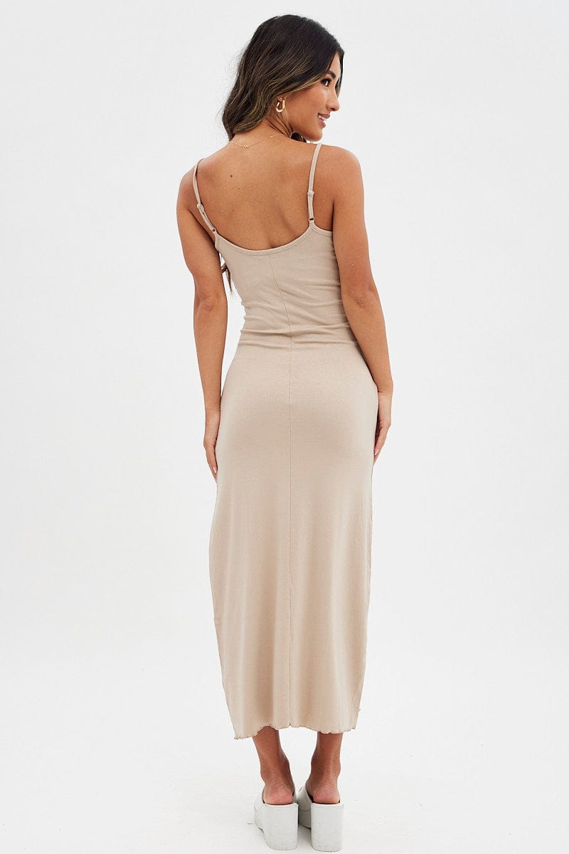 Beige Maxi Dress Sleeveless Scoop Neck Bodycon Jersey for Ally Fashion