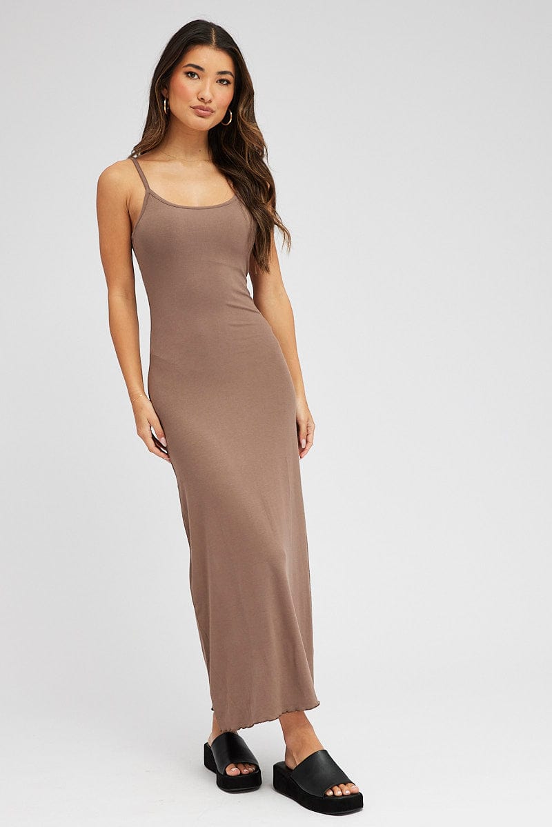 Brown Maxi Dress Sleeveless Scoop Neck Bodycon Jersey for Ally Fashion