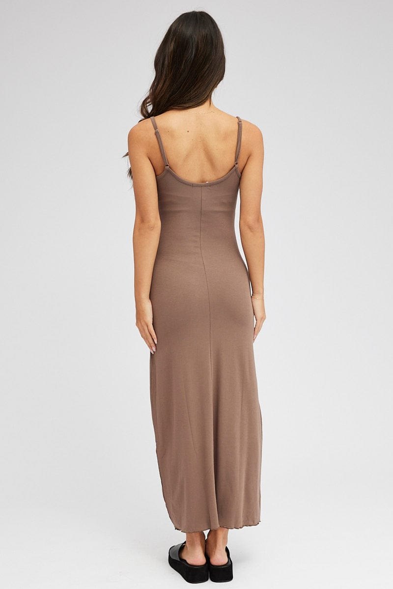 Brown Maxi Dress Sleeveless Scoop Neck Bodycon Jersey for Ally Fashion