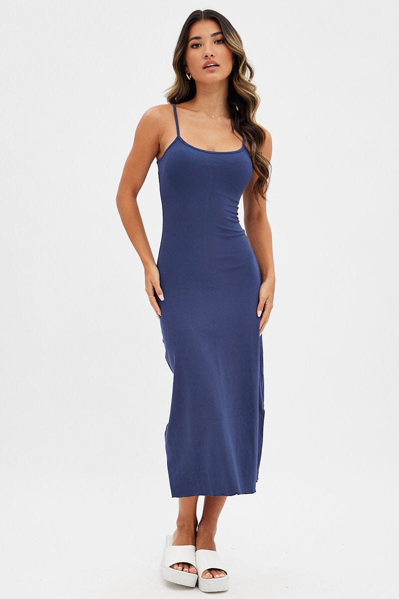 Blue Maxi Dress Sleeveless Scoop Neck Bodycon Jersey | Ally Fashion