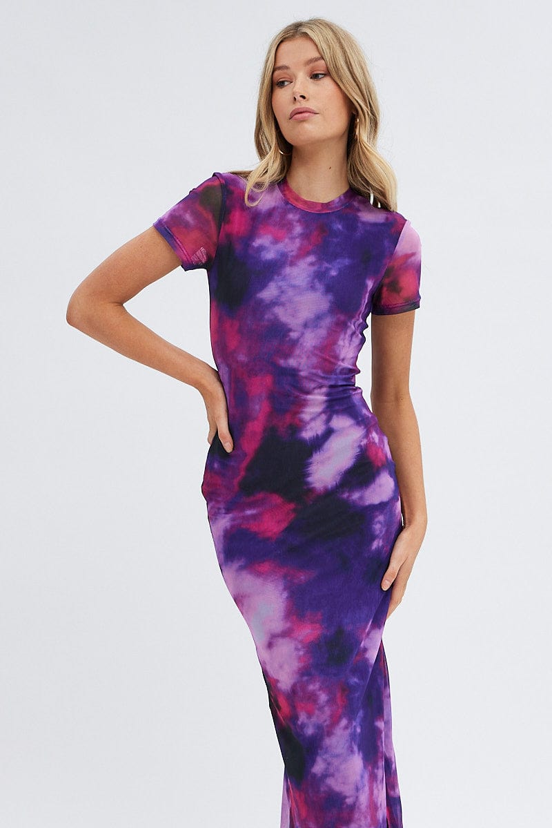 Purple Abstract Maxi Dress Short Sleeve Crew Neck Bodycon Mesh for Ally Fashion