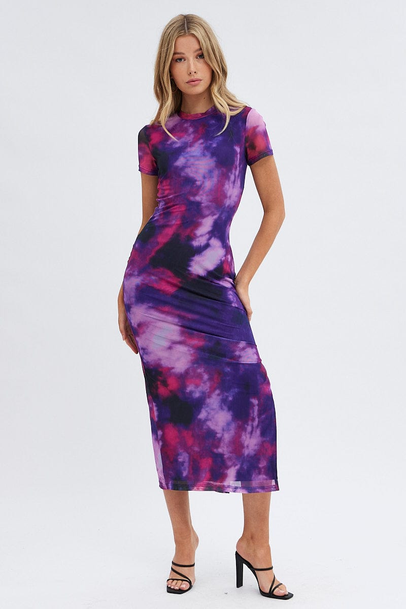 Purple Abstract Maxi Dress Short Sleeve Crew Neck Bodycon Mesh for Ally Fashion