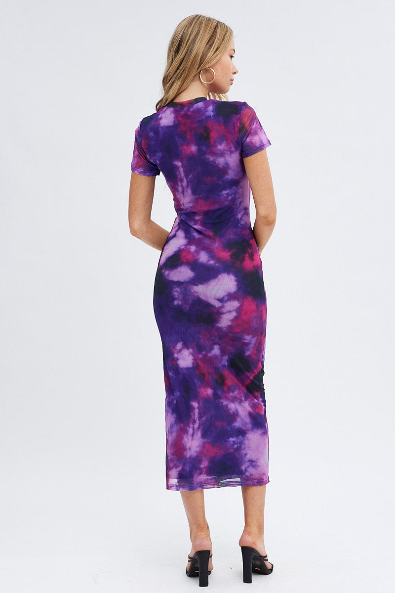 Purple Abstract Maxi Dress Short Sleeve Crew Neck Bodycon Mesh for Ally Fashion