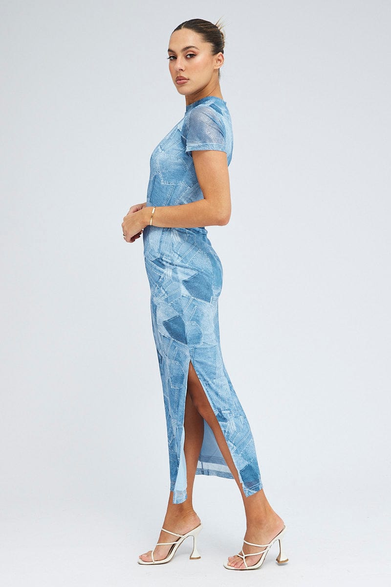 Blue Print Maxi Dress Short Sleeve Crew Neck Bodycon Mesh for Ally Fashion