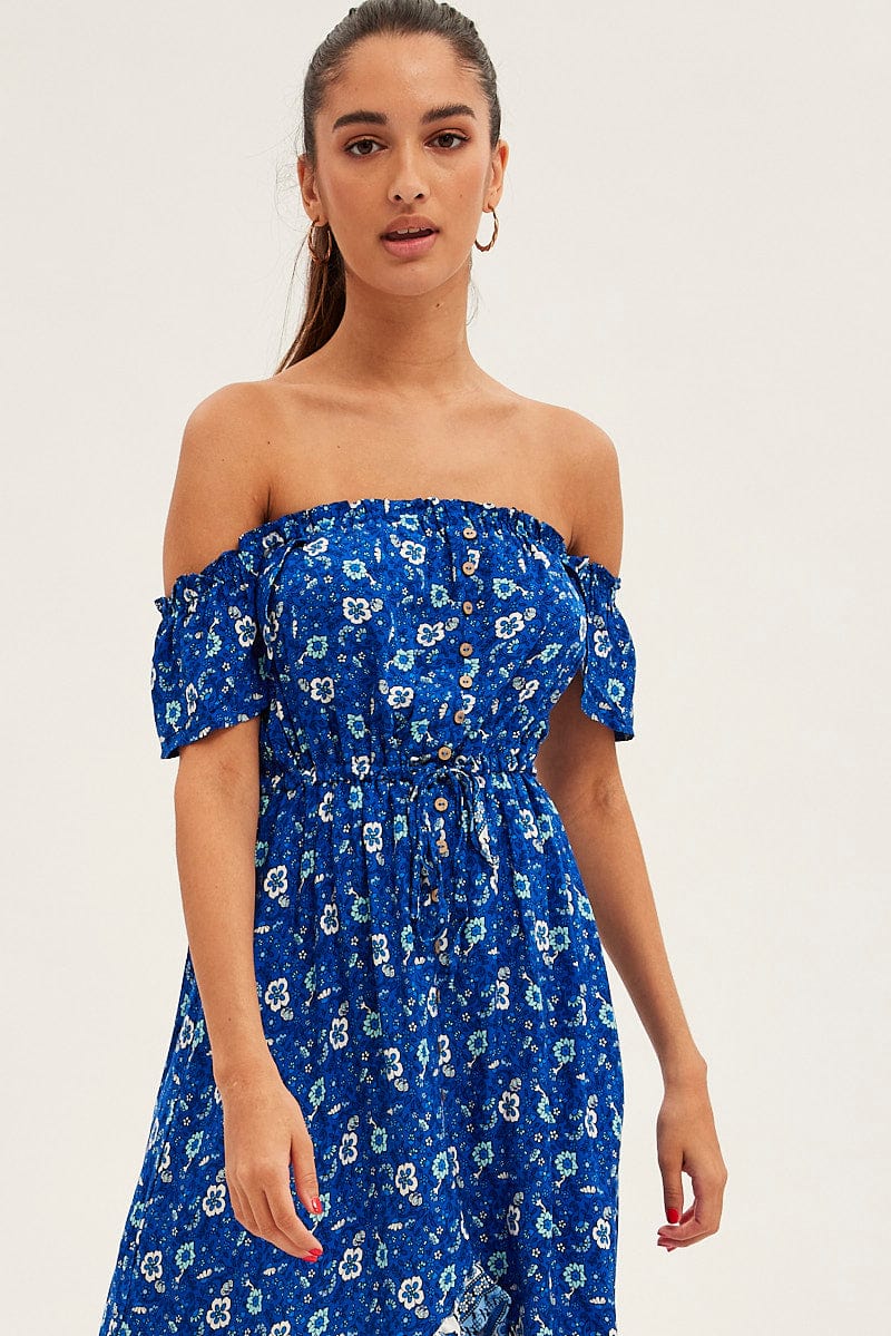 Blue Boho Midi Dress Short Sleeve Ruffle for Ally Fashion