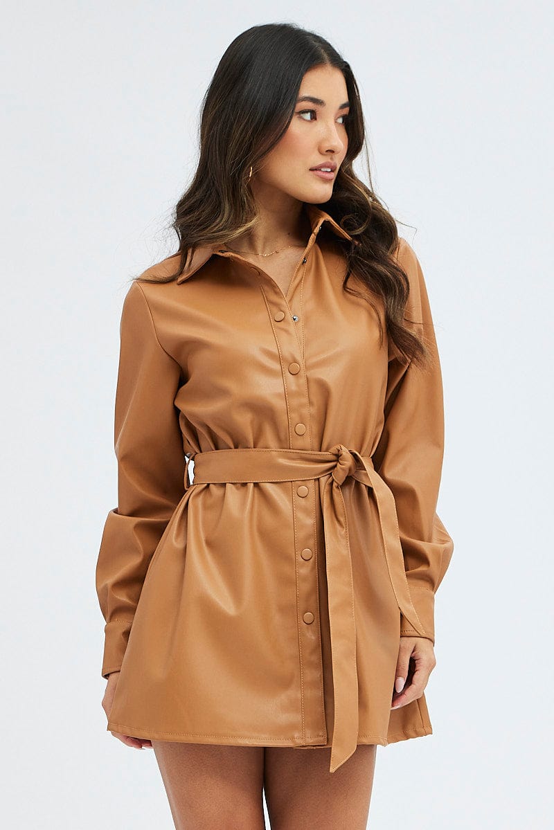 Minx Mini Dress - Faux Leather Halter Dress in Tan