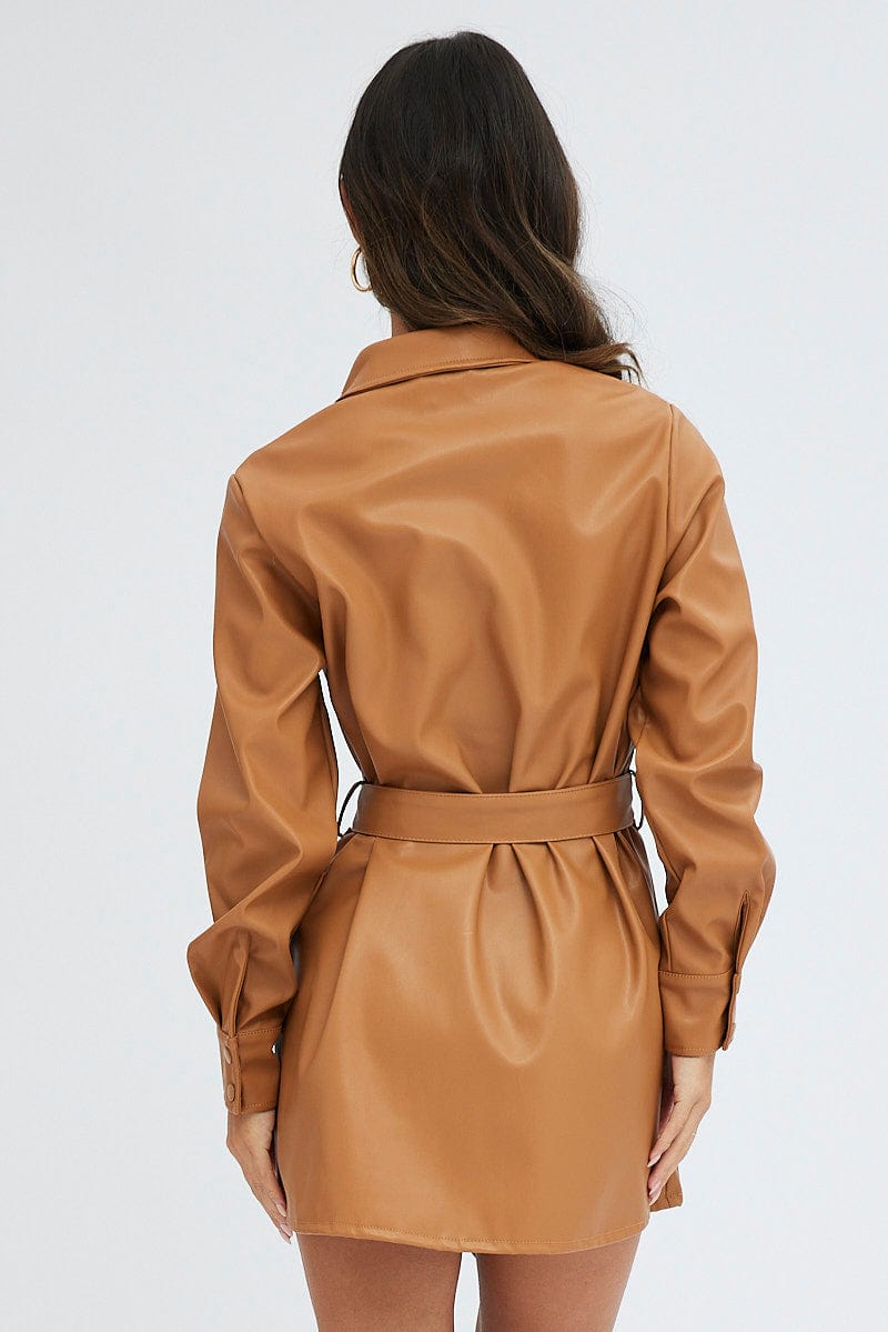 Beige Faux Leather Dress Long Sleeve Collared Belted PU for Ally Fashion