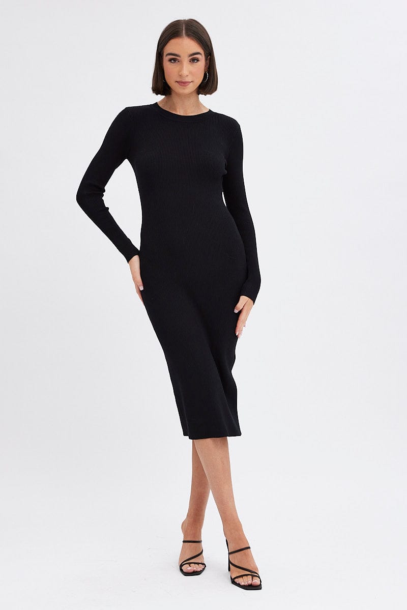 Black Midi Dress Long Sleeve Round Neck Rib Knitted for Ally Fashion