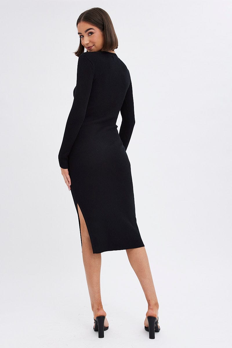 Black Midi Dress Long Sleeve Round Neck Rib Knitted for Ally Fashion