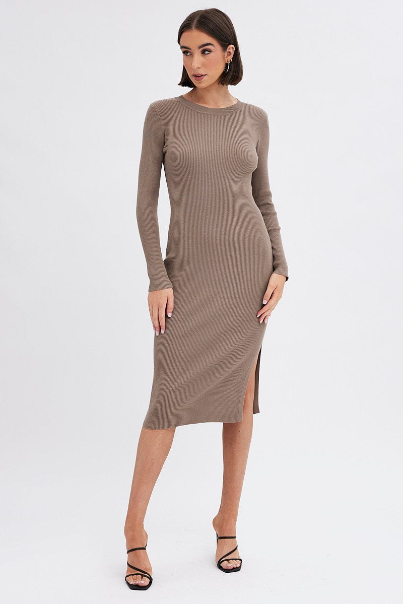 Brown Midi Dress Long Sleeve Round Neck Rib Knitted for Ally Fashion