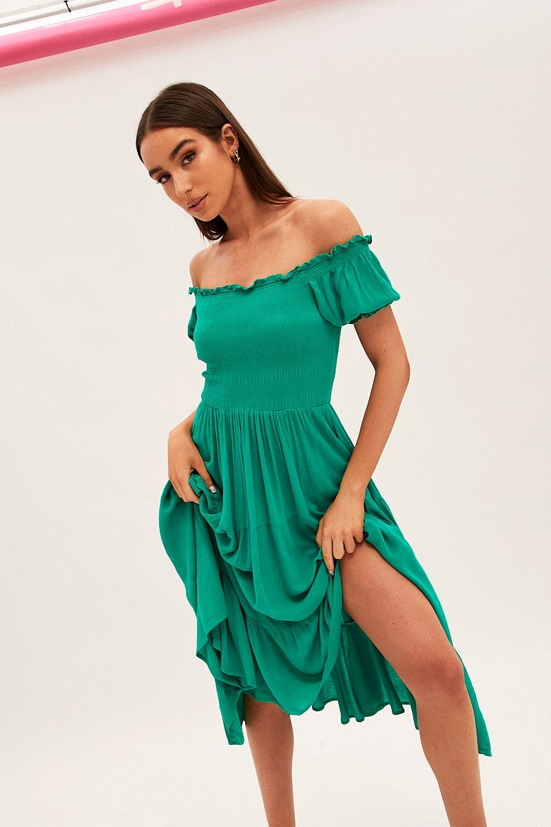 Green Maxi Dress Puff Sleeve Square Neck for Ally Fashion