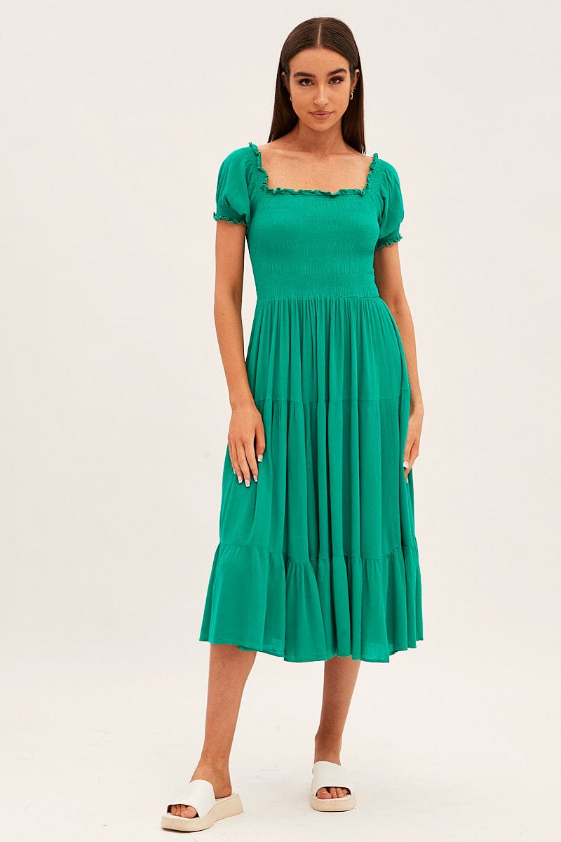 Green Maxi Dress Puff Sleeve Square Neck for Ally Fashion