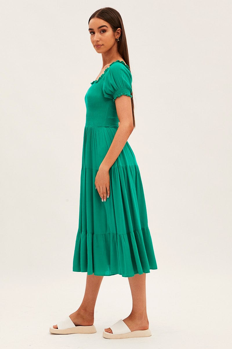 Green Maxi Dress Puff Sleeve Square Neck for Ally Fashion