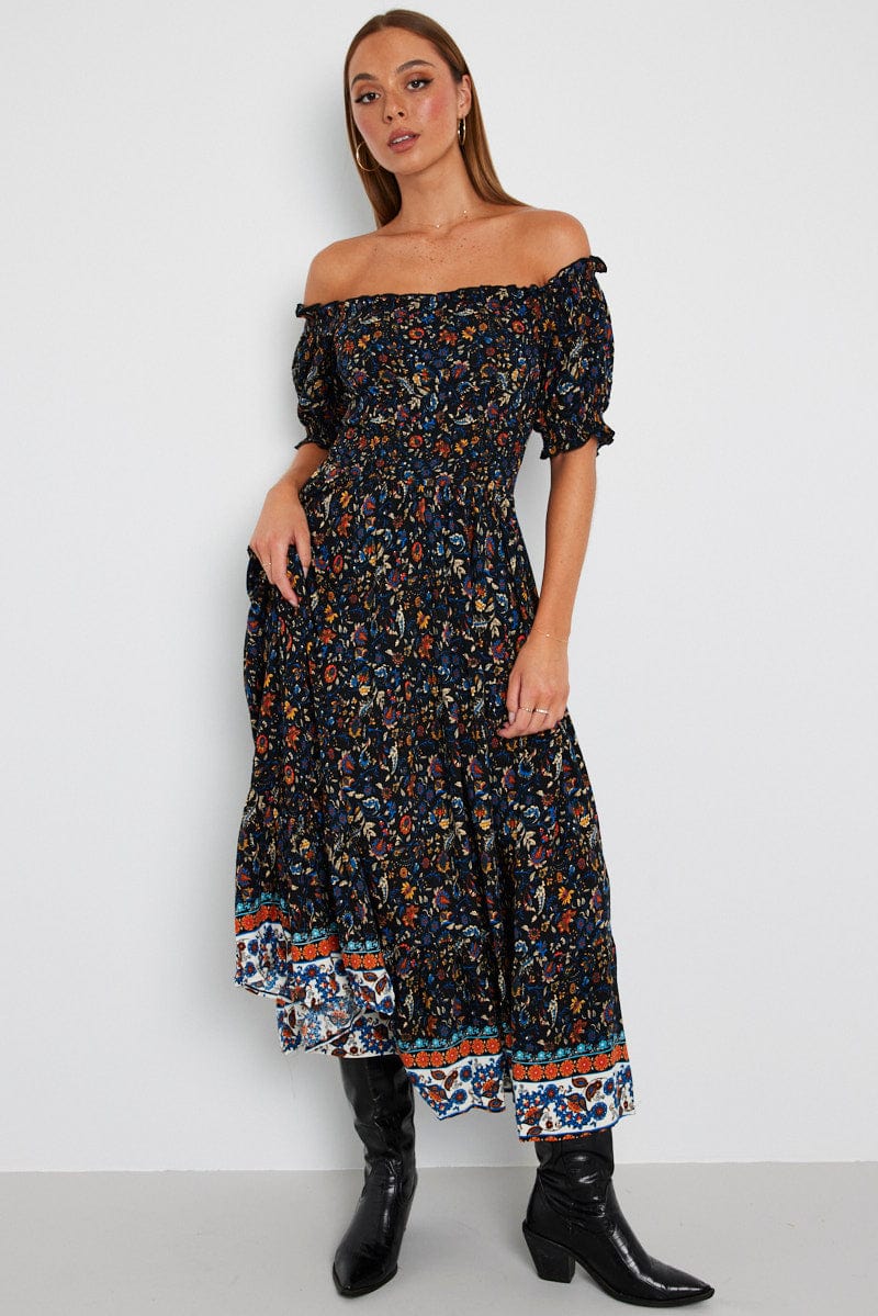 Black Boho Maxi Dress Short Sleeve Tiered for Ally Fashion