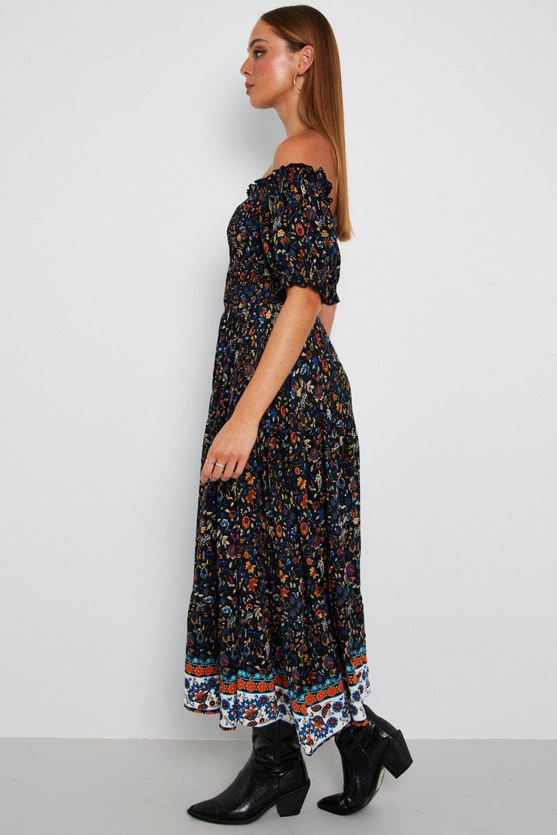 Black Boho Maxi Dress Short Sleeve Tiered for Ally Fashion