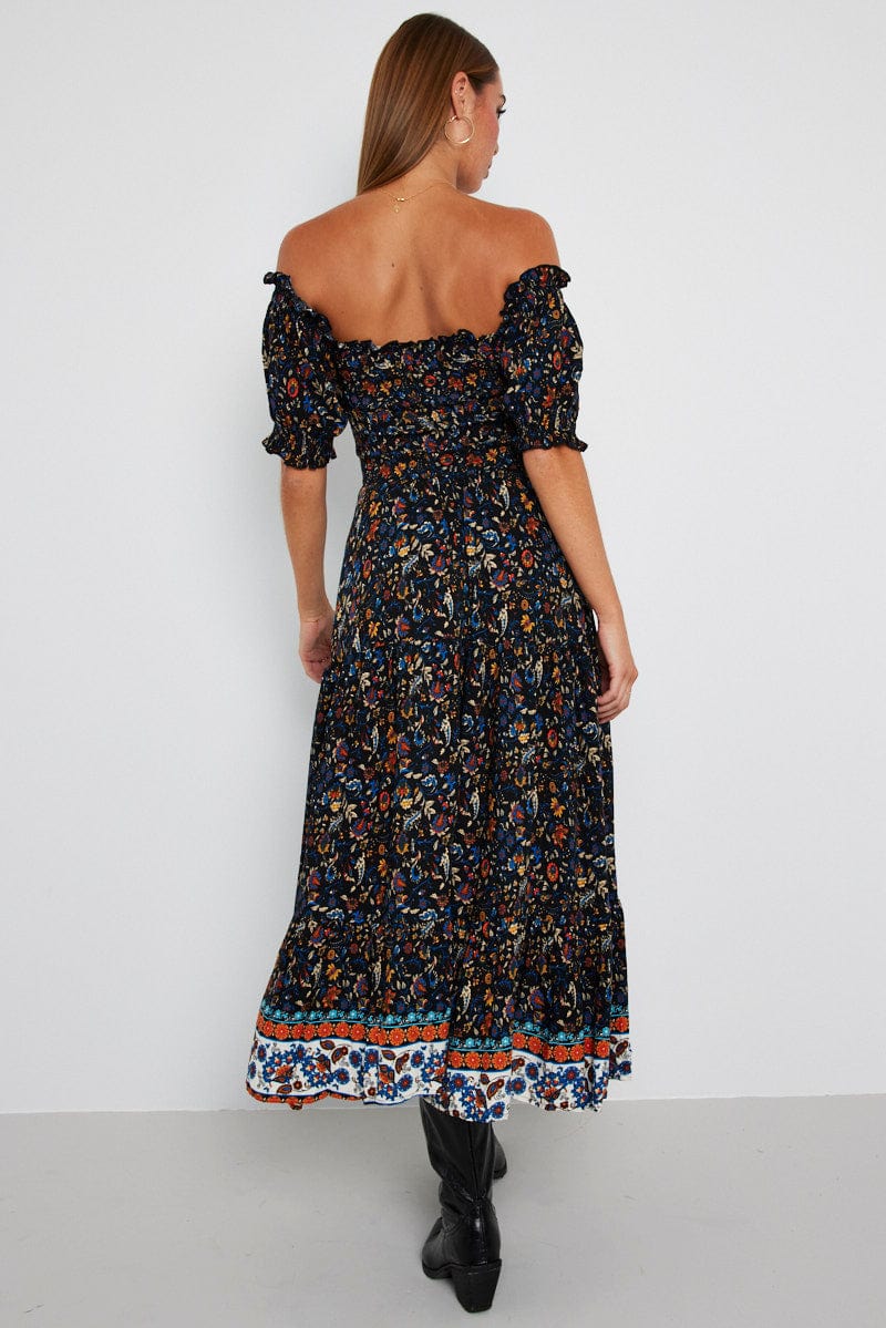 Black Boho Maxi Dress Short Sleeve Tiered for Ally Fashion